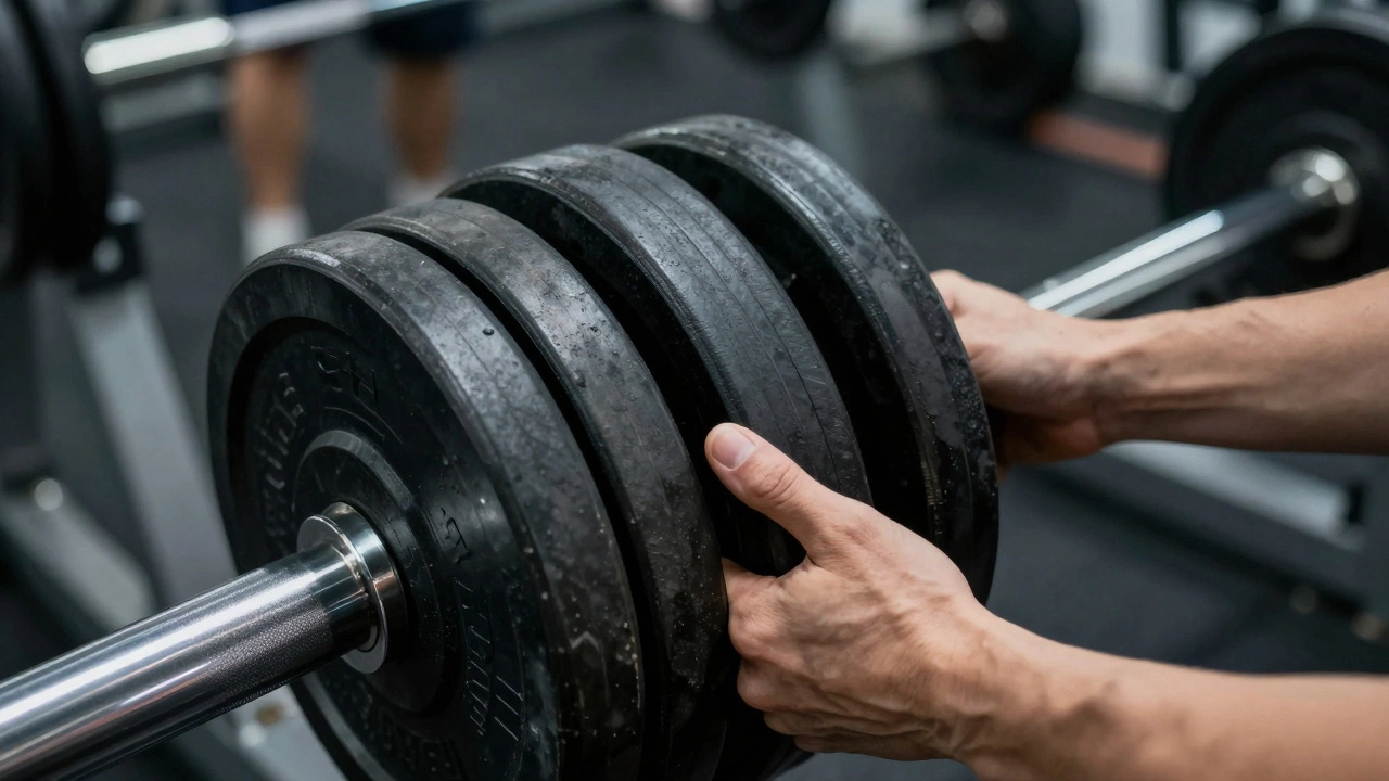 Hands carefully returning a weight plate to a rack