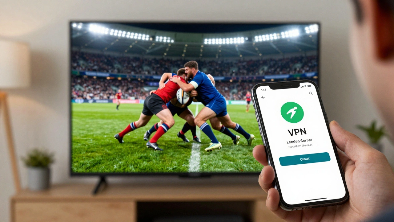 Happy fan watching live rugby match on TV with connected phone