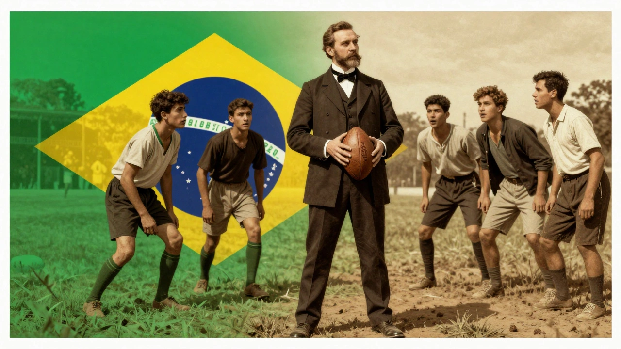 Historical illustration of Charles Miller introducing football to Brazil