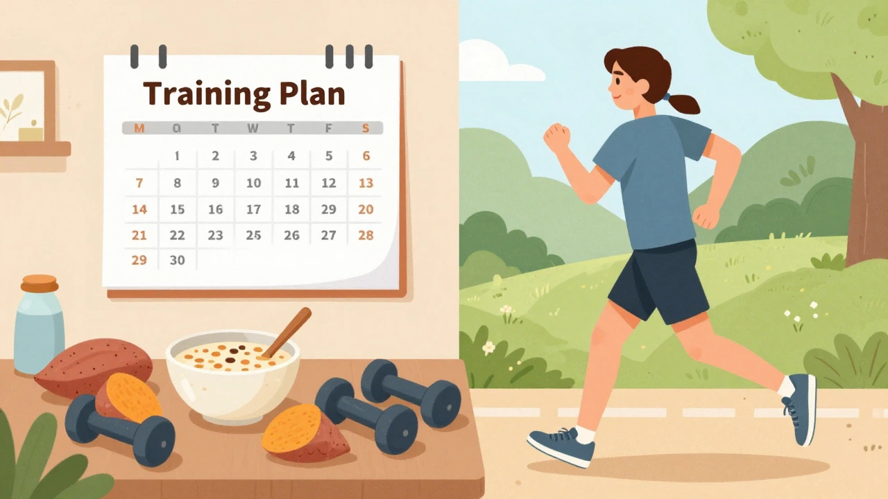 Illustration of balanced life with training, food, and rest