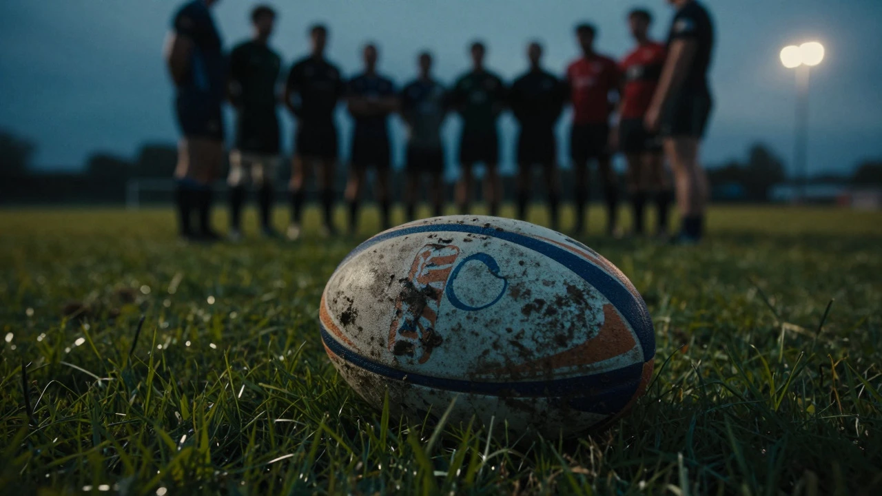 Muddy rugby ball on grass with player silhouettes in stadium lights