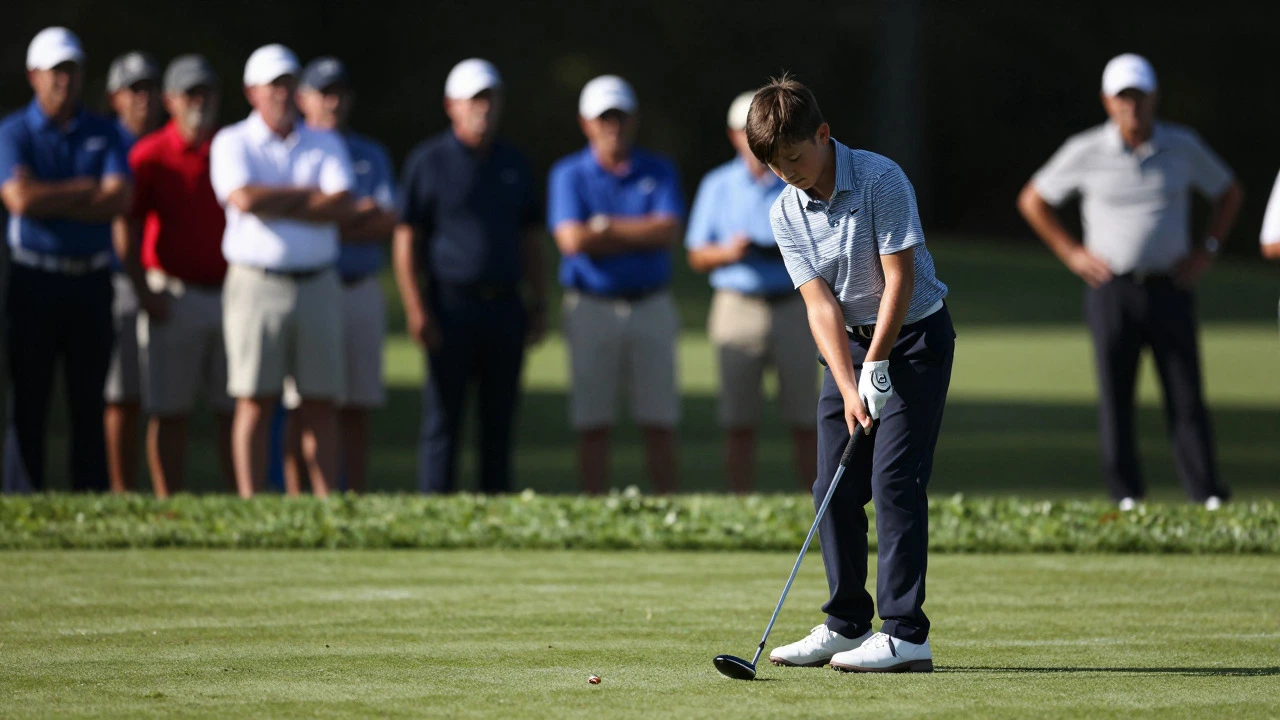 Pre-teen golfer focusing intensely before a swing on the fairway