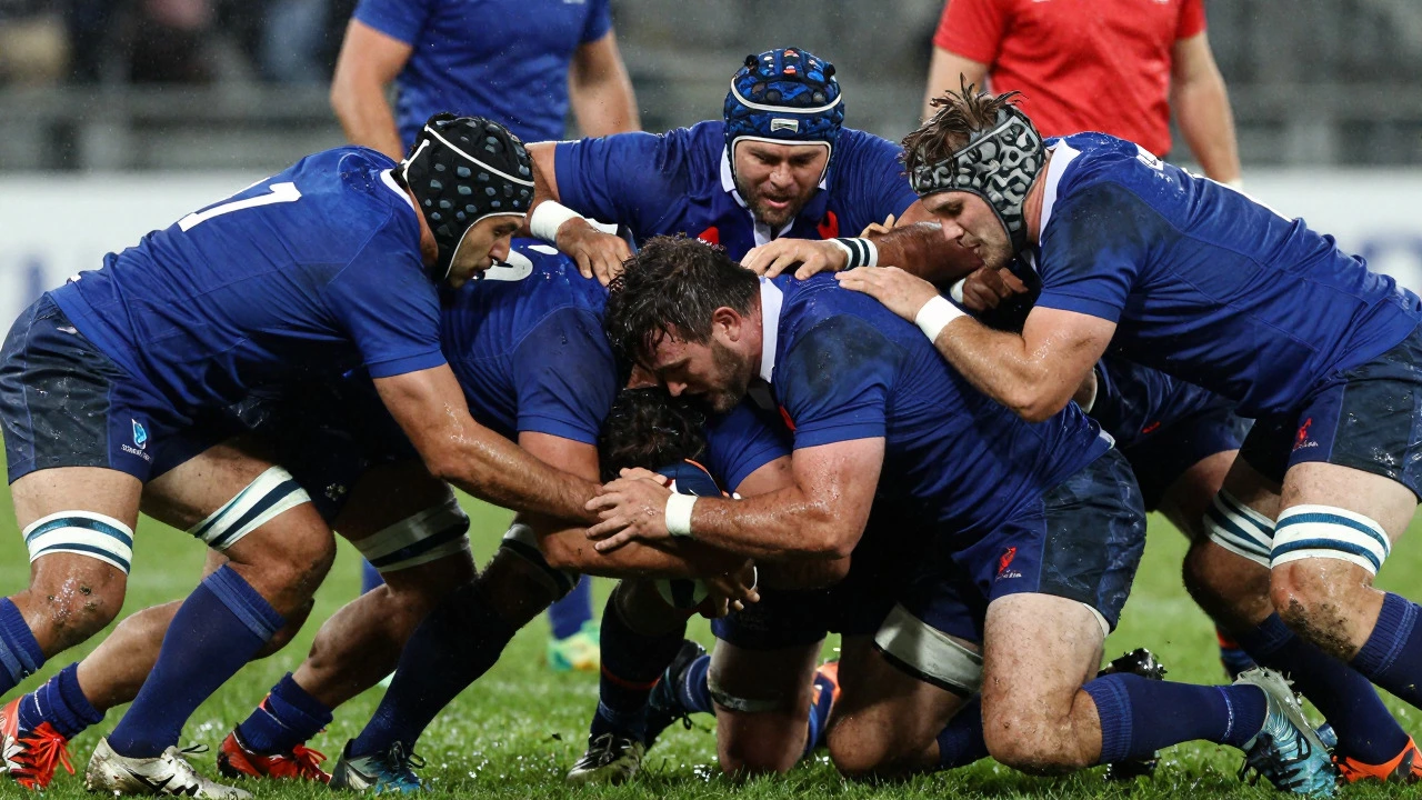 Rugby players locked in a scrum during a match