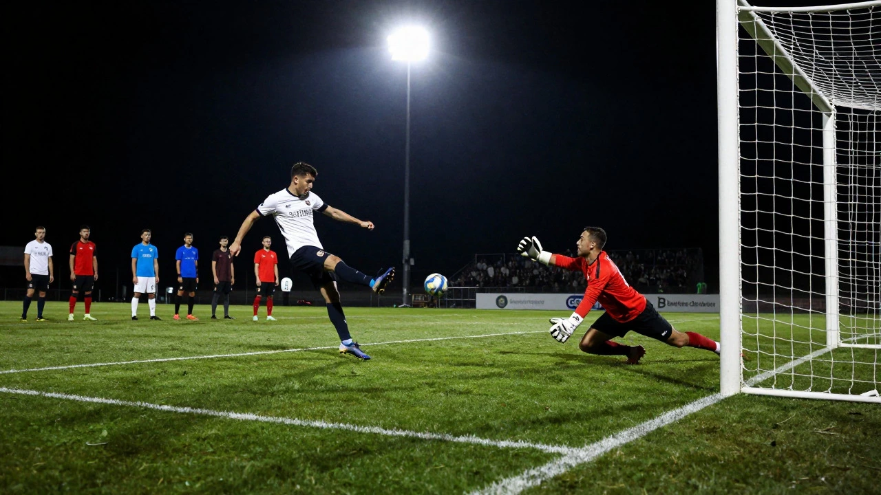 Striker taking a penalty kick while goalkeeper dives to save the shot