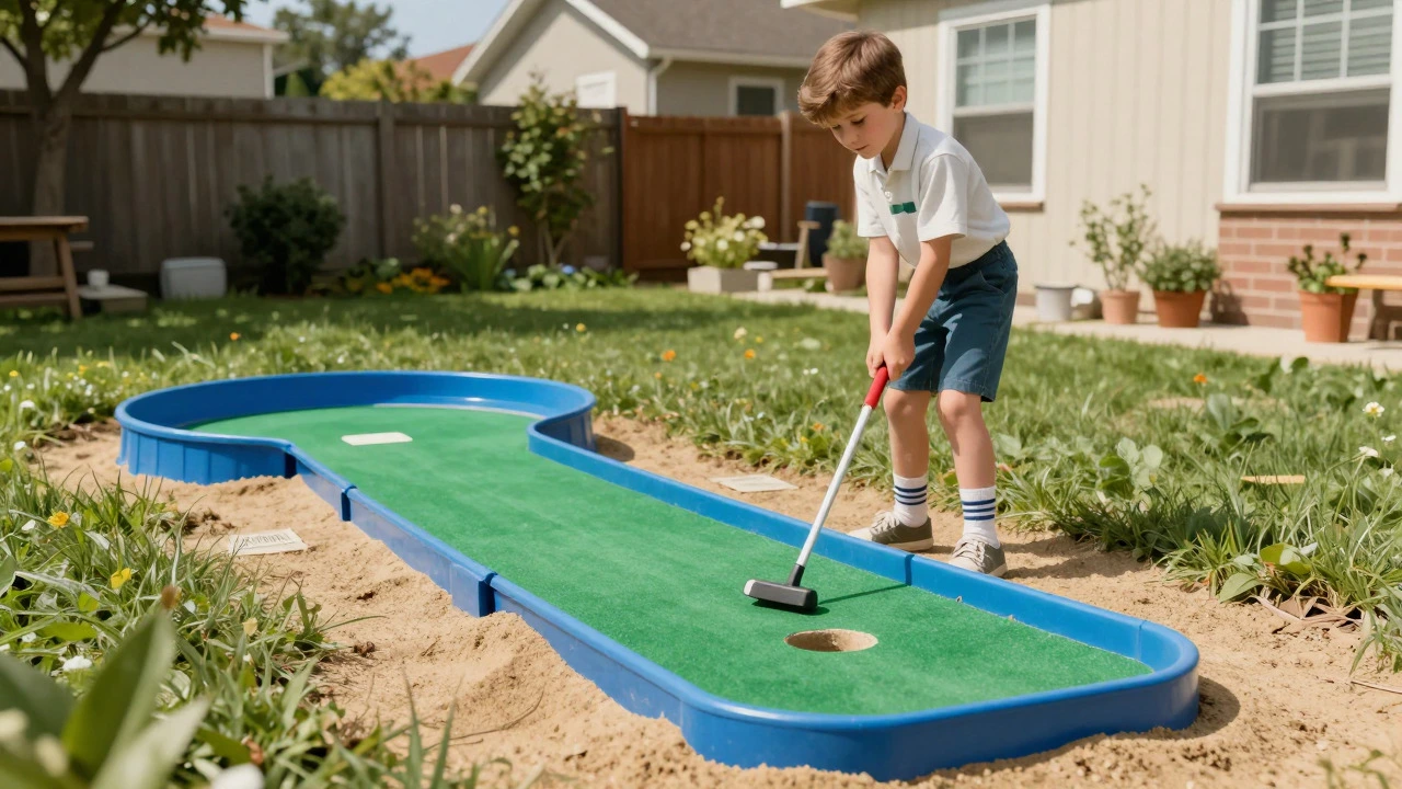 Young boy practicing on a homemade backyard mini-golf course