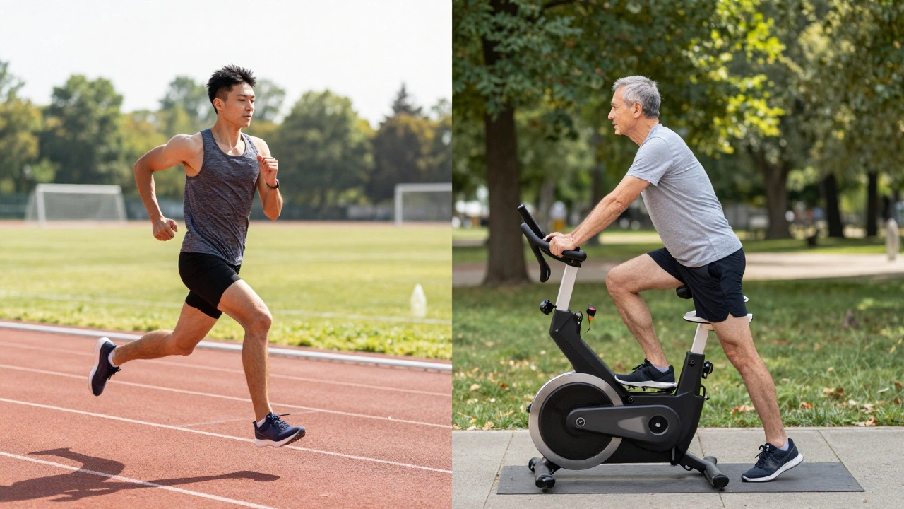 Young runner doing HIIT vs older runner cycling, showing age-specific training methods.