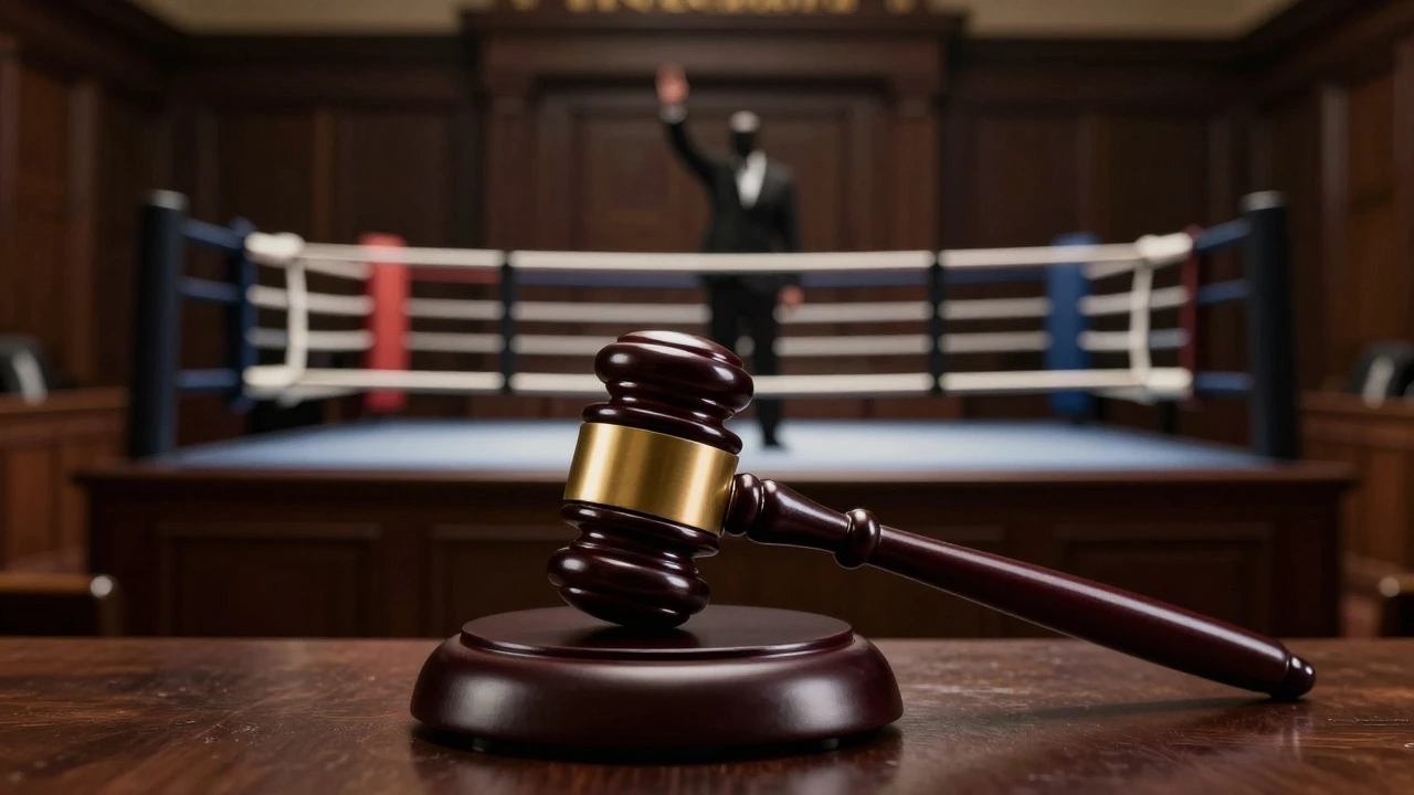 A judge's gavel on a desk with a blurred boxing ring in the background