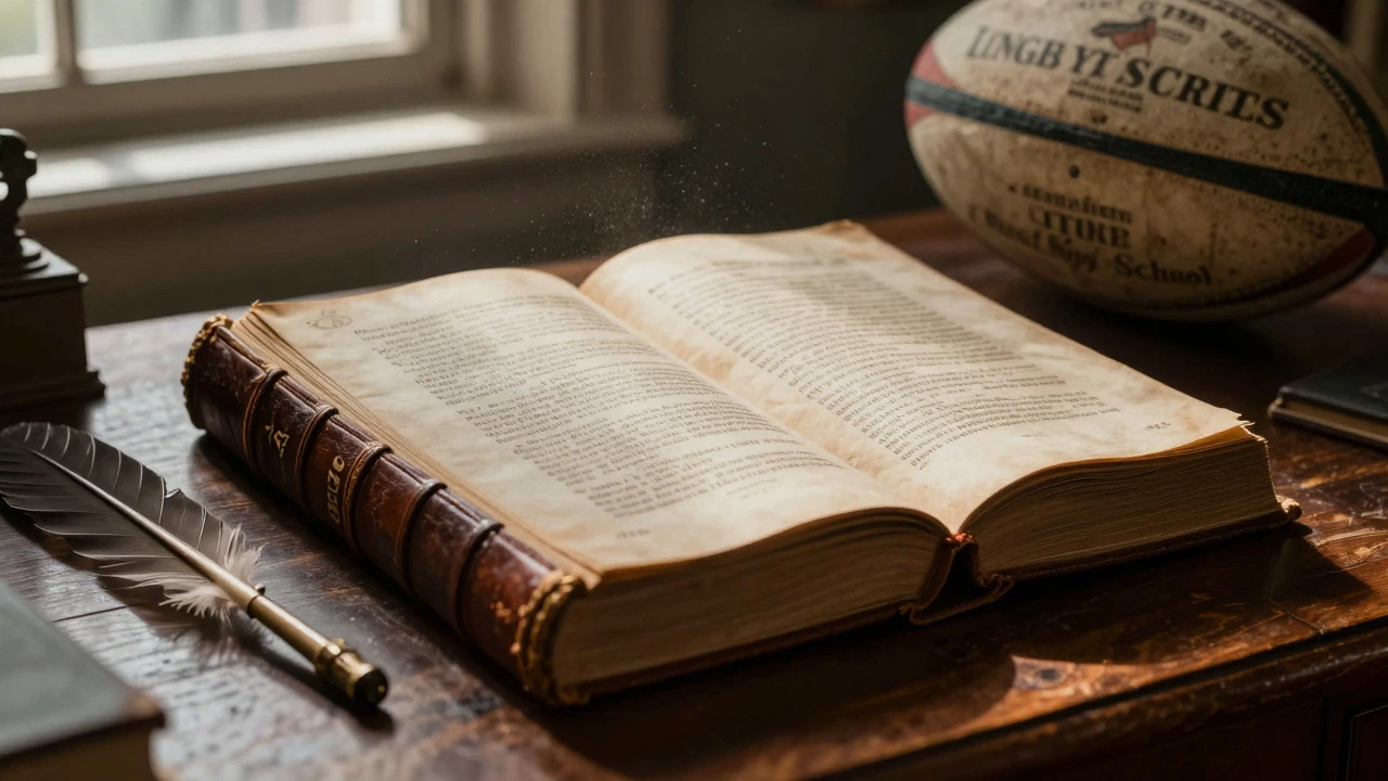 Antique 1845 rugby rulebook and ball on desk
