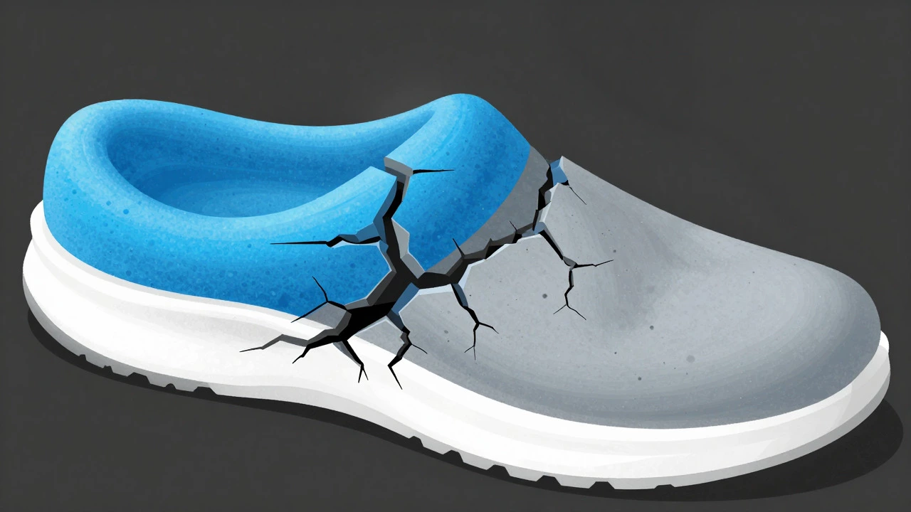 Artistic cross-section of cracked running shoe foam compared to fresh material