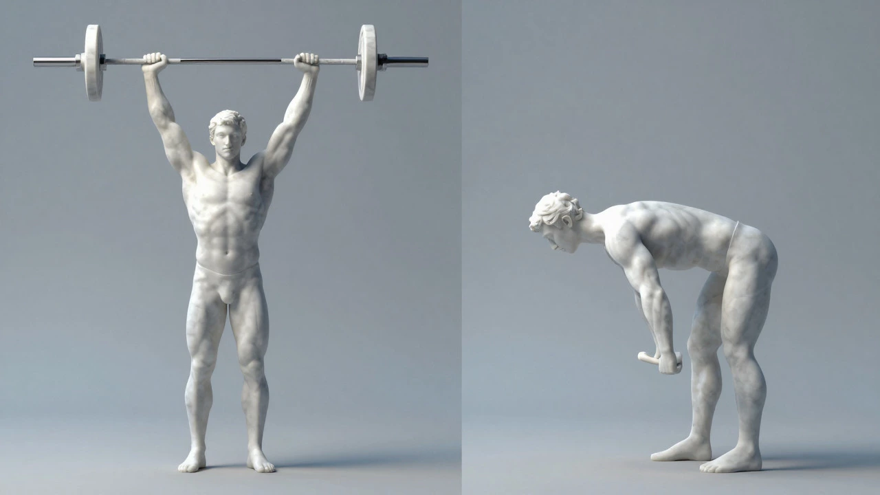 Artistic split view of overhead press and rowing exercises