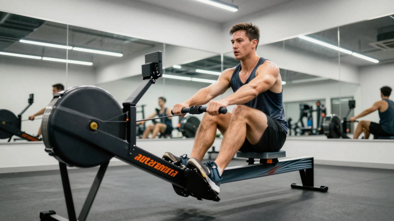 Athlete performing an intense sprint on a rowing machine in a bright fitness studio