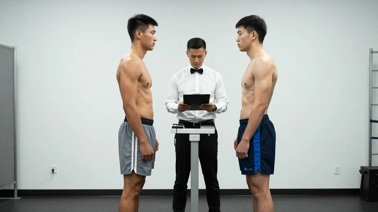 Boxers standing on scales during a pre-fight weigh-in with an official present