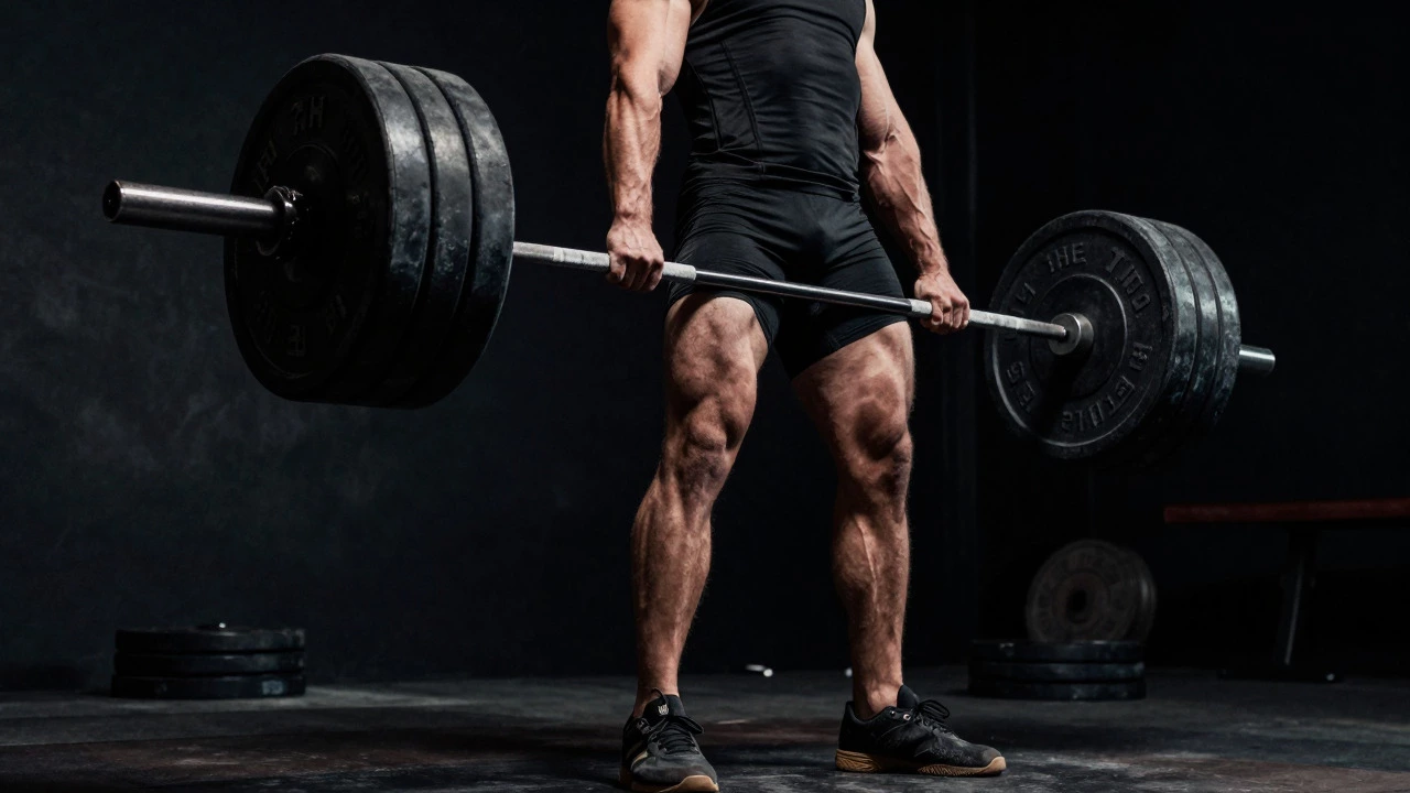 Close-up of a person deadlifting a heavy barbell with intense focus