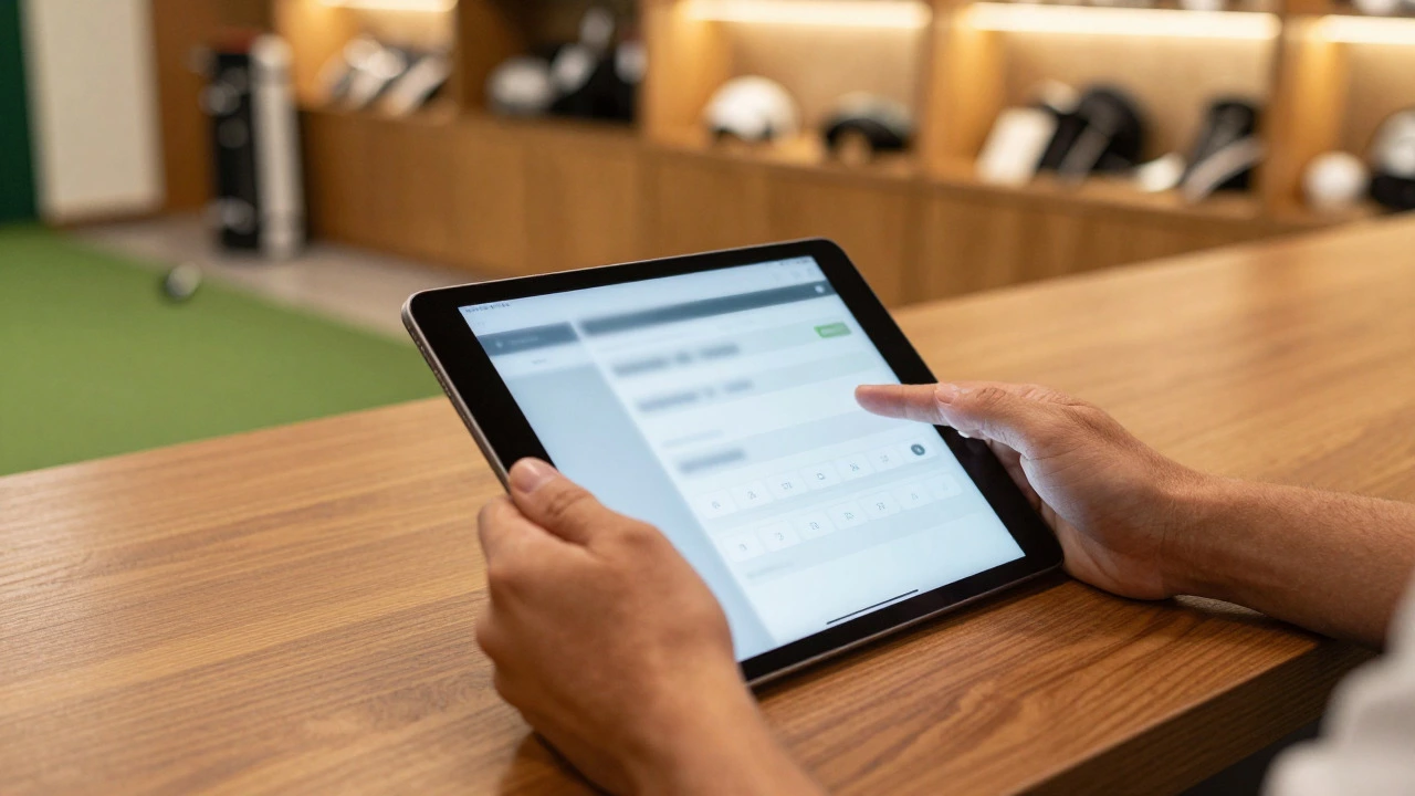 Close-up of hands using a tablet to book a golf tee time in a luxury pro shop