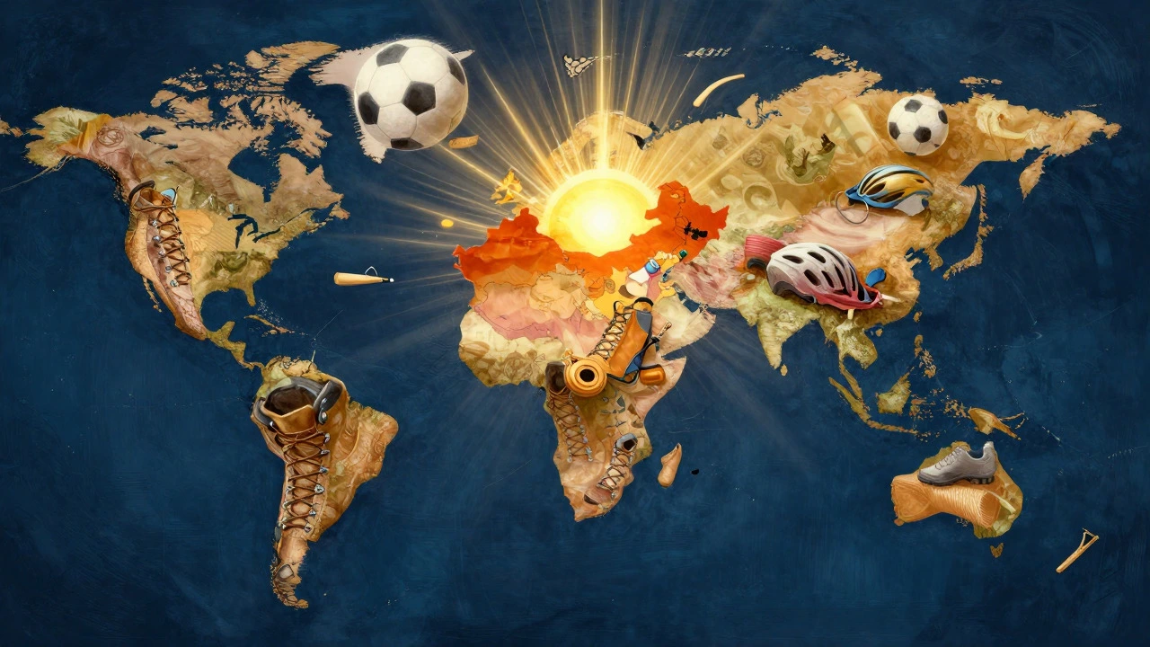 Conceptual art of Asia map formed by sports gear symbols under a rising sun.