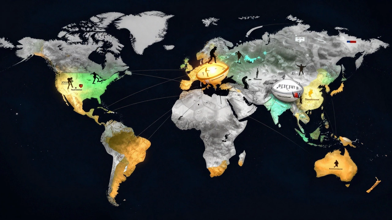 Conceptual map showing global rugby participation hotspots with glowing regional highlights