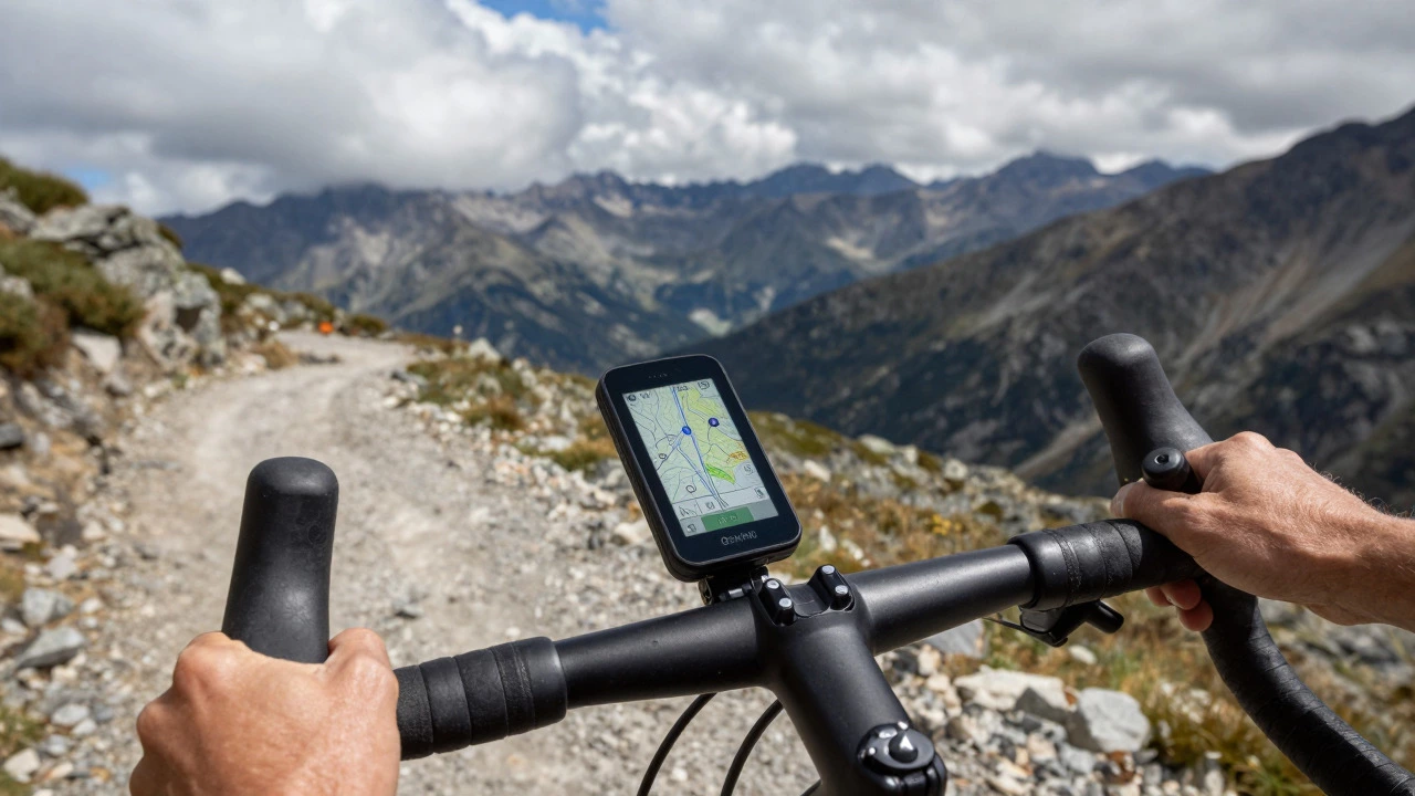 Cyclist using offline navigation on a watch in a remote mountain setting