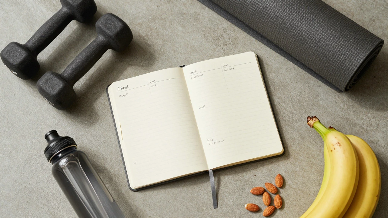 Fitness planner with dumbbells and healthy food, symbolizing weekly workout structure