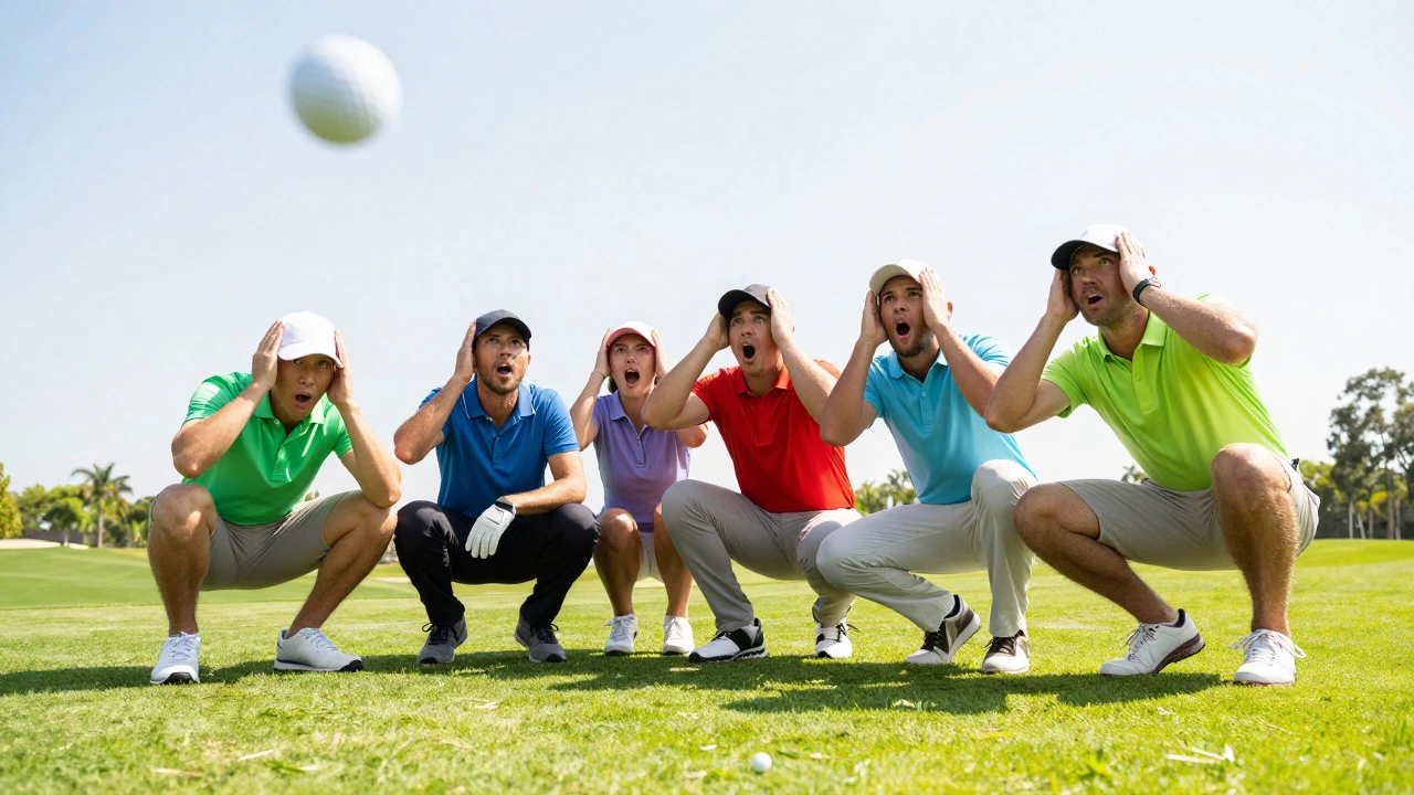 Golfers crouching and covering heads in reaction to errant shot
