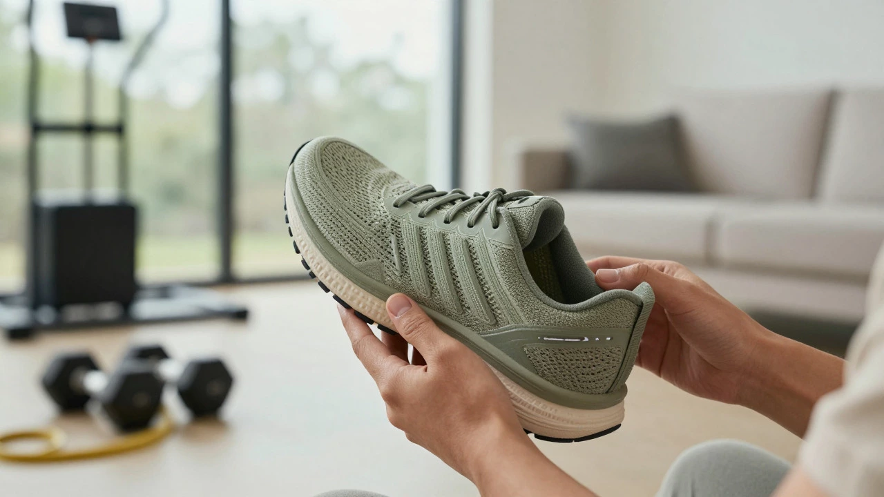 Hands inspecting an eco-friendly running shoe with a home gym setup in the background.