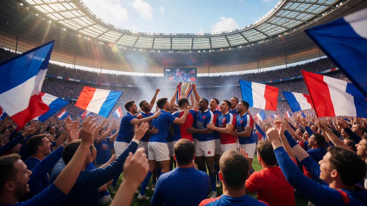 Modern French rugby team celebrating victory in a packed stadium