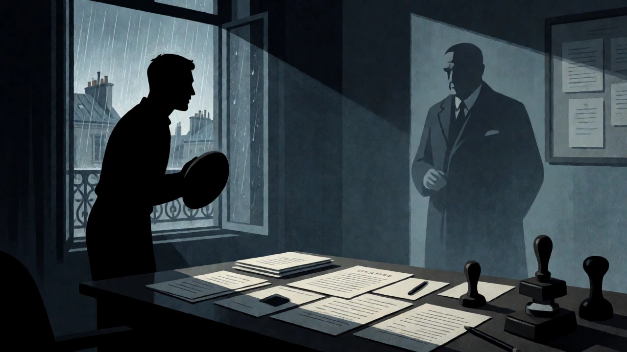 Noir-style scene of a rugby player trapped by Vichy regime bureaucracy