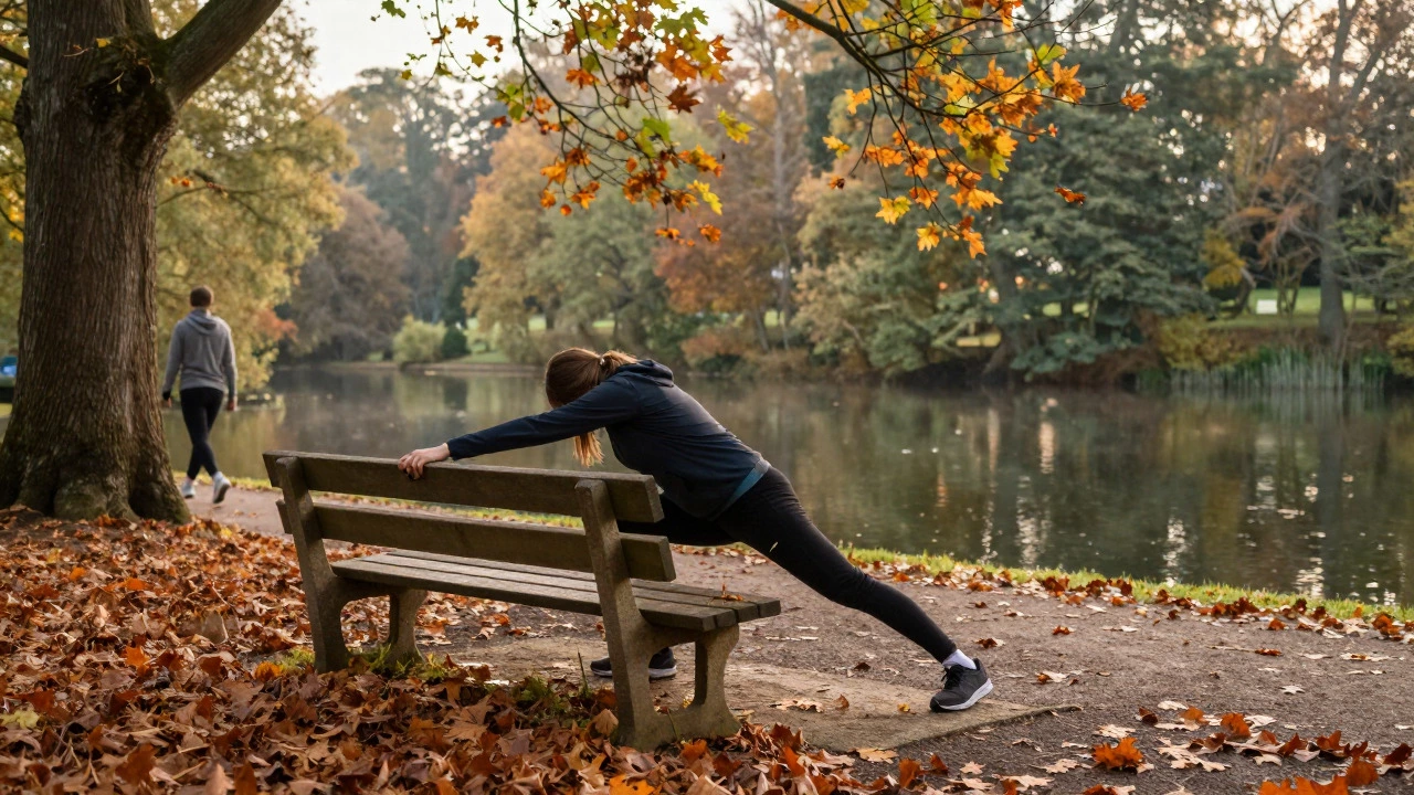 Person stretching in a peaceful autumn park for active recovery