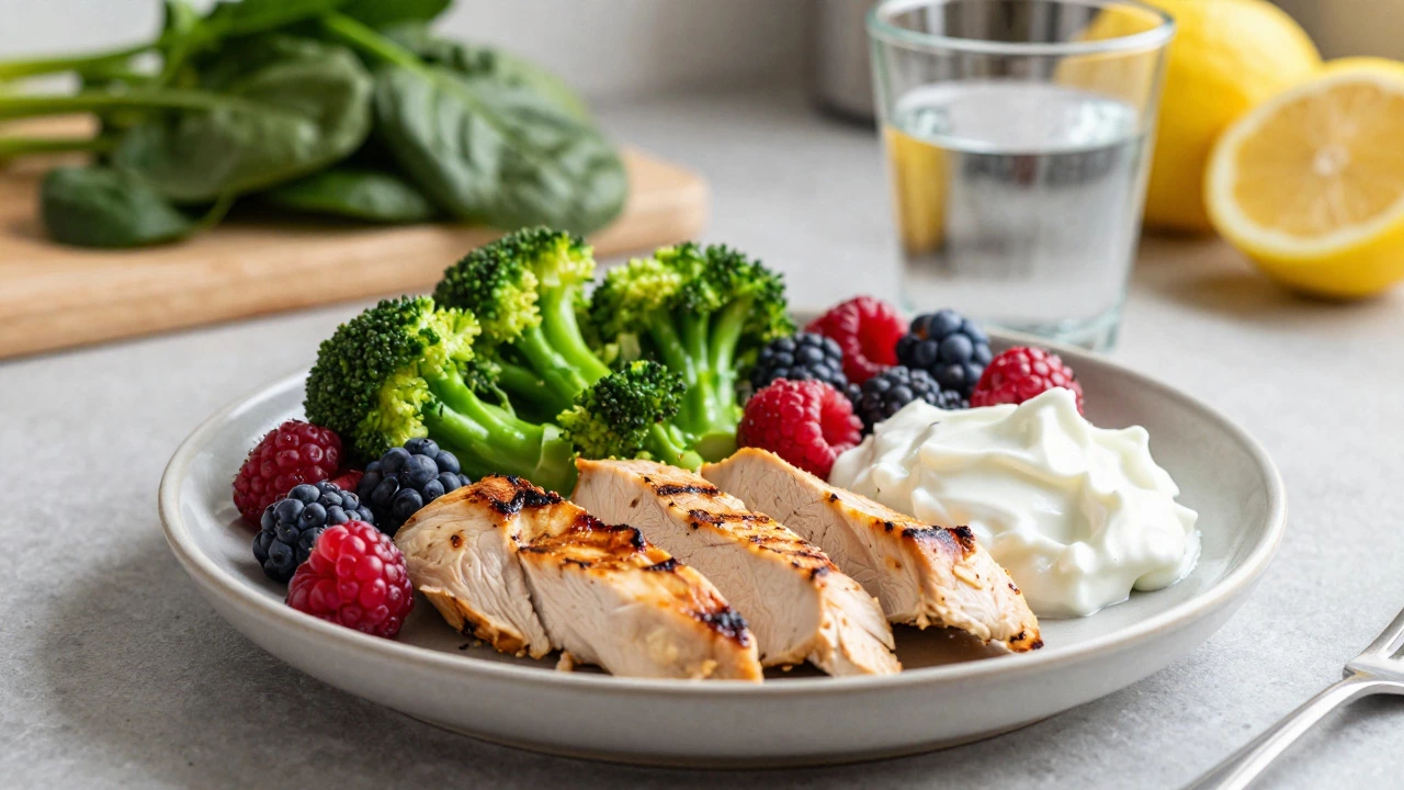Plate of grilled chicken, broccoli, berries, and yogurt representing a high-protein meal