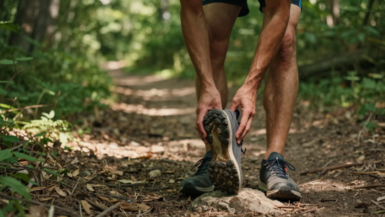 Runner inspecting the sole of a shoe on a forest trail