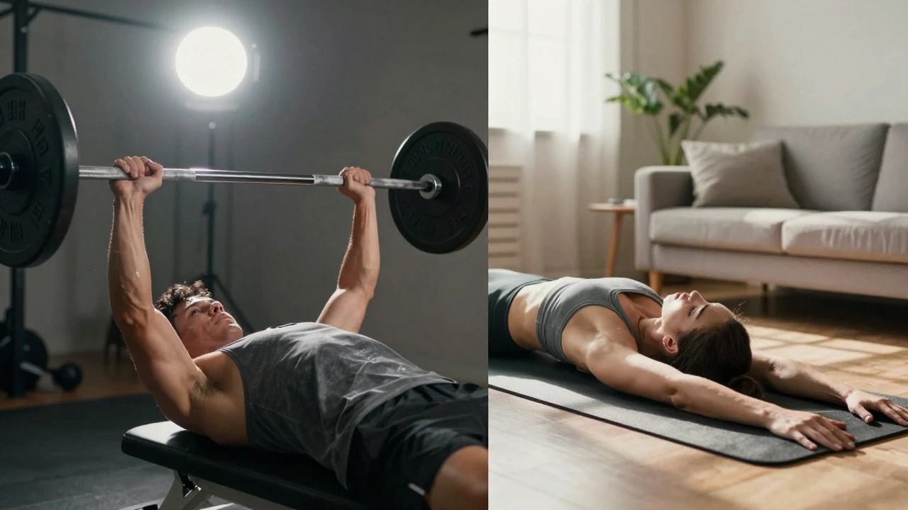 Split image showing intense weightlifting on one side and gentle stretching on the other