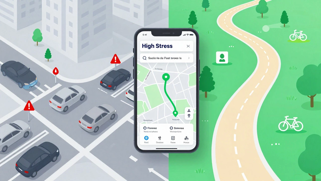 Split view contrasting stressful city traffic with a safe green bike path