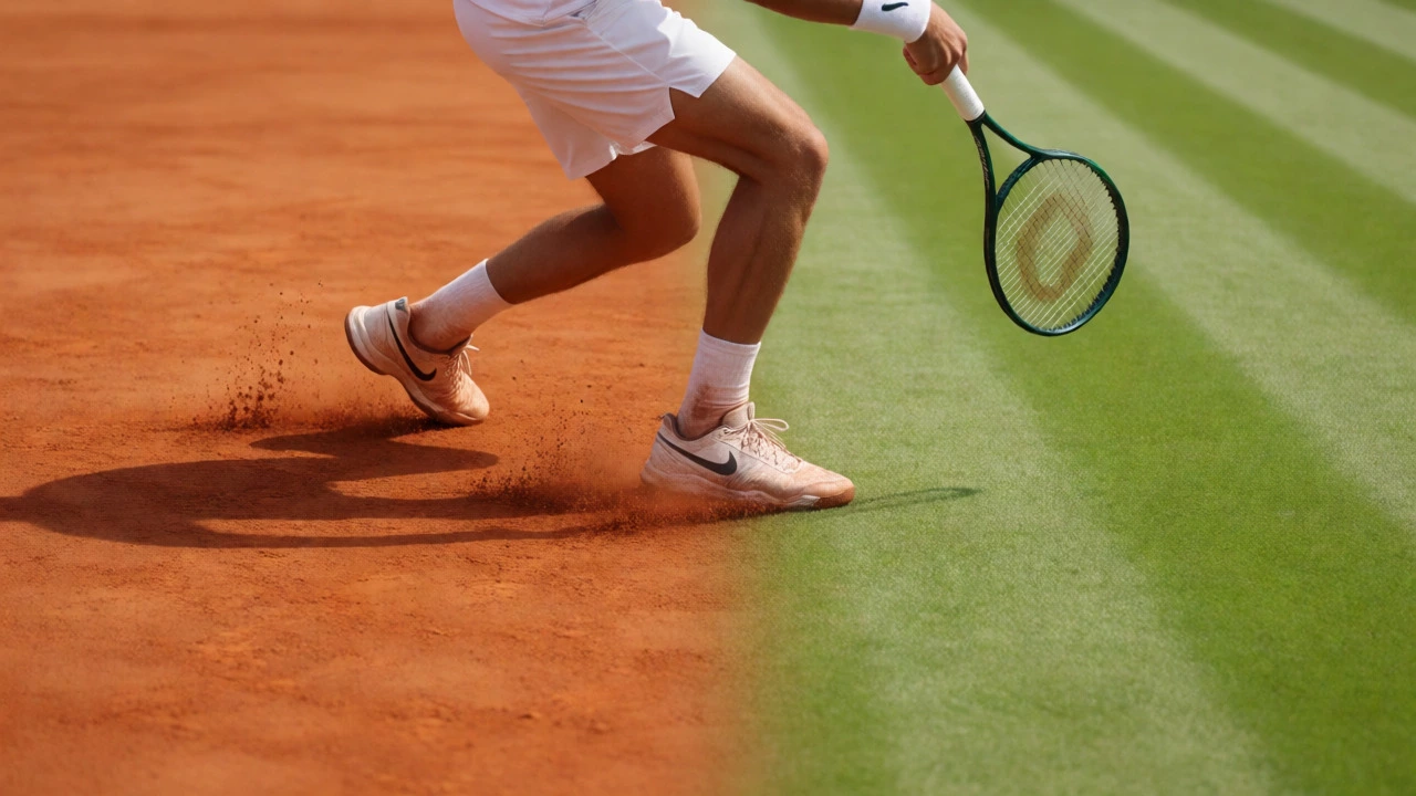 Split view showing red clay courts and green grass courts for tennis matches