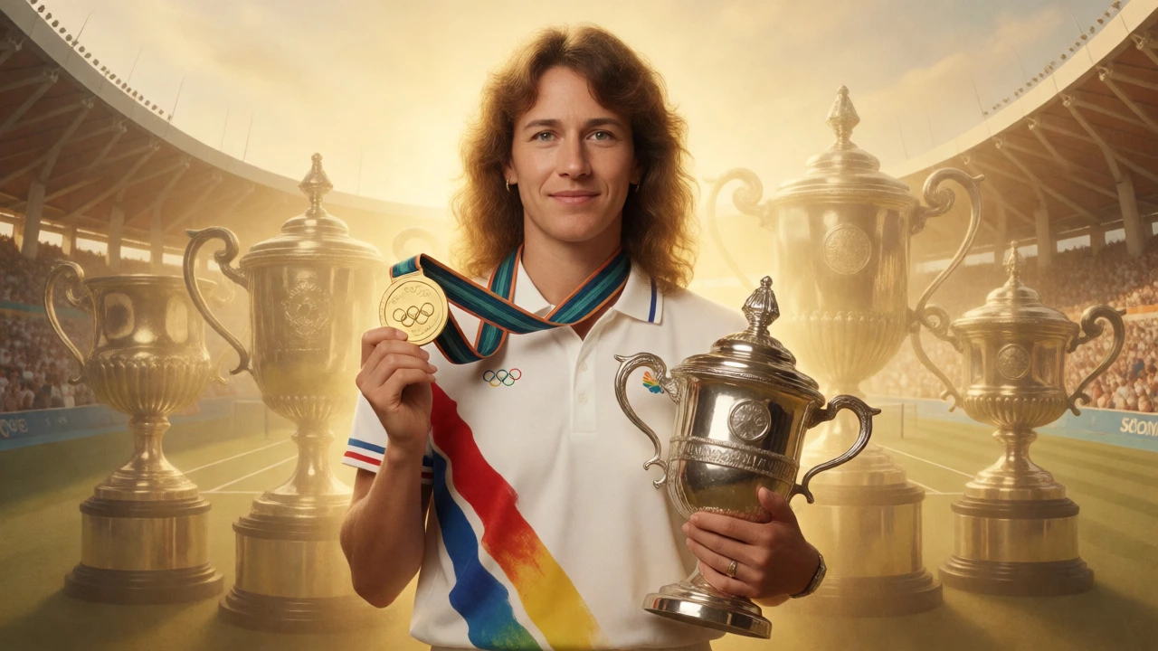 Steffi Graf holding Olympic gold and a trophy, symbolizing the Golden Slam