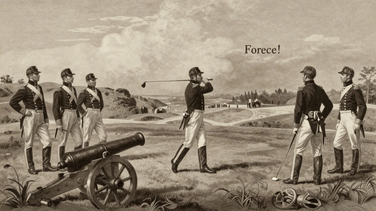 Victorian soldiers playing golf, referencing military origin of fore