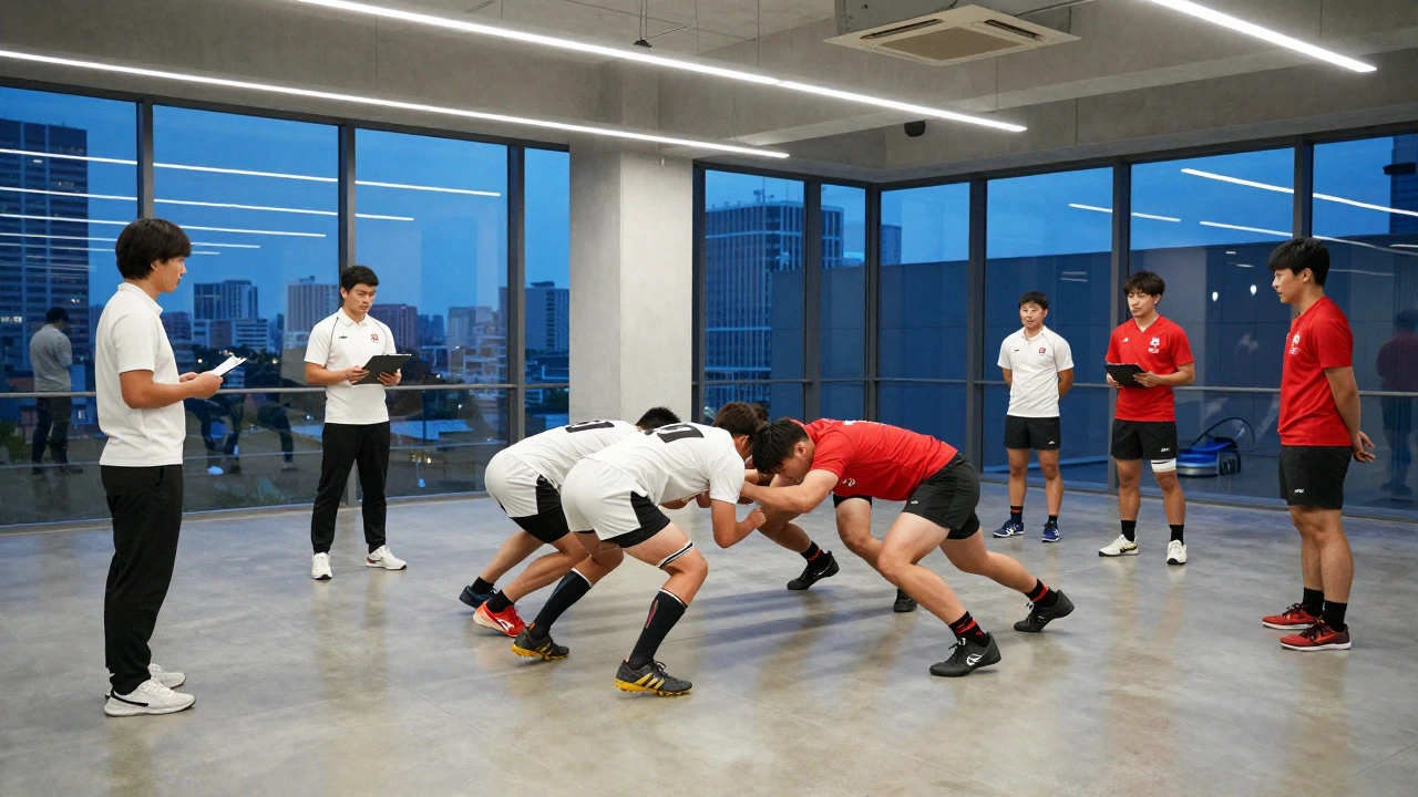 Young Japanese athletes training in a modern, high-tech rugby facility at dusk