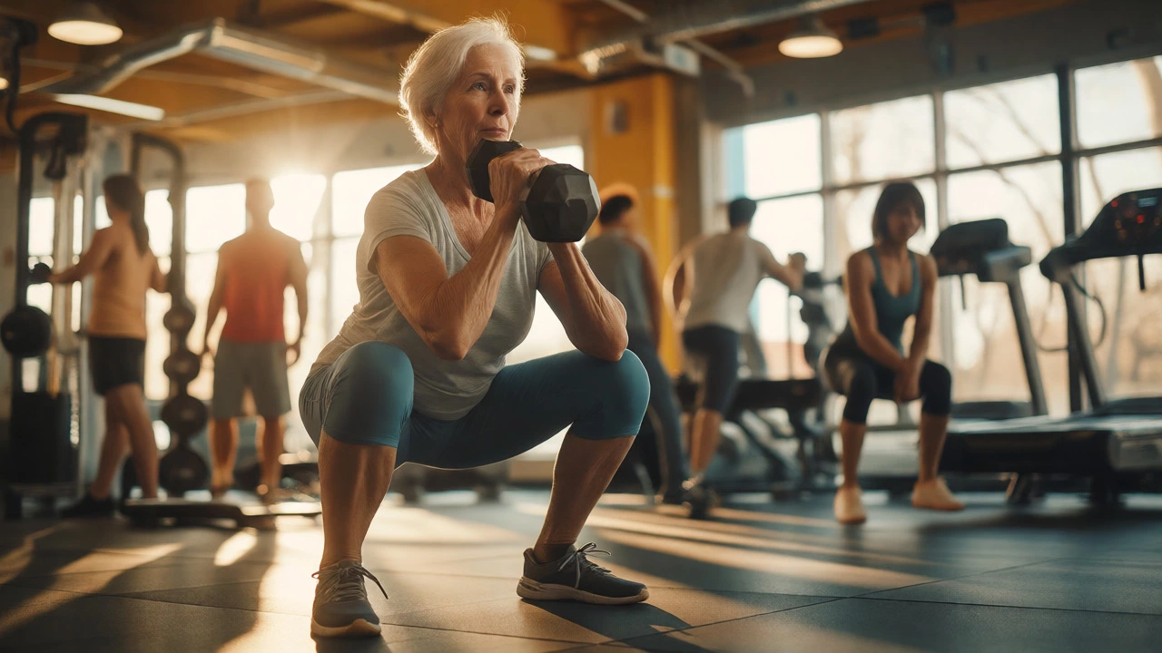A fit woman in her 60s performs a goblet squat with perfect form in a gym.