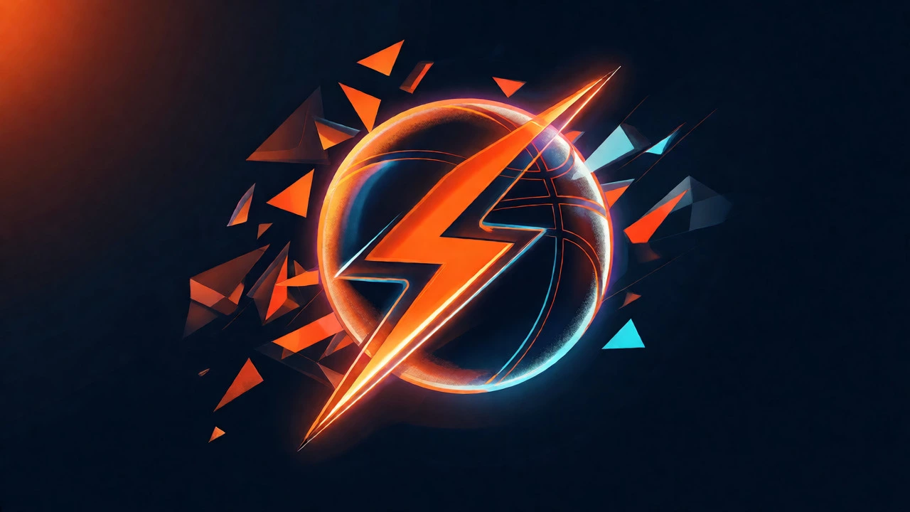 Abstract digital art featuring an orange lightning bolt merging with a basketball silhouette.