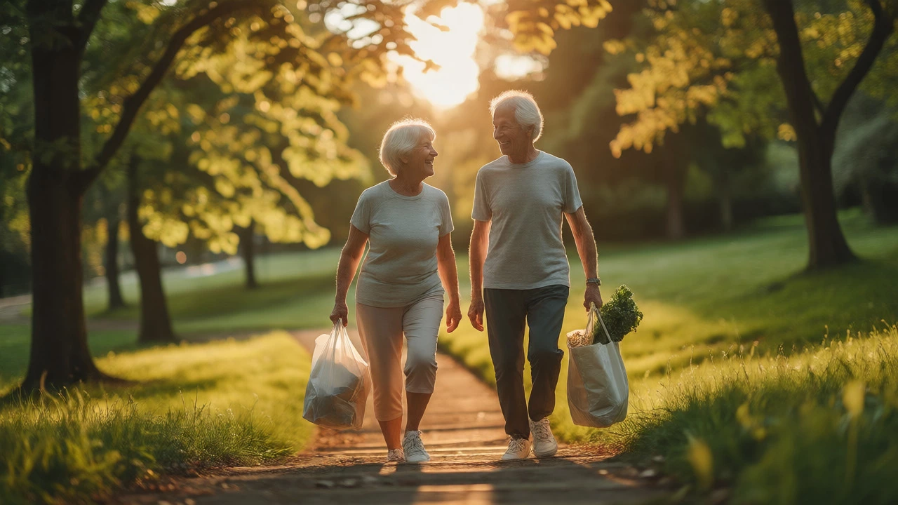 An active senior couple carries groceries up stairs outdoors, showing vitality.