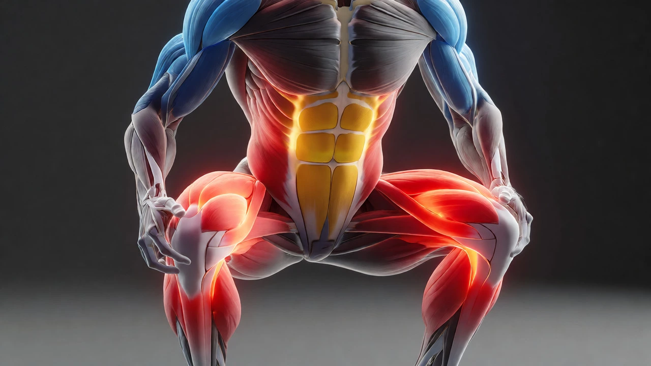 Anatomical diagram highlighting active squat muscles