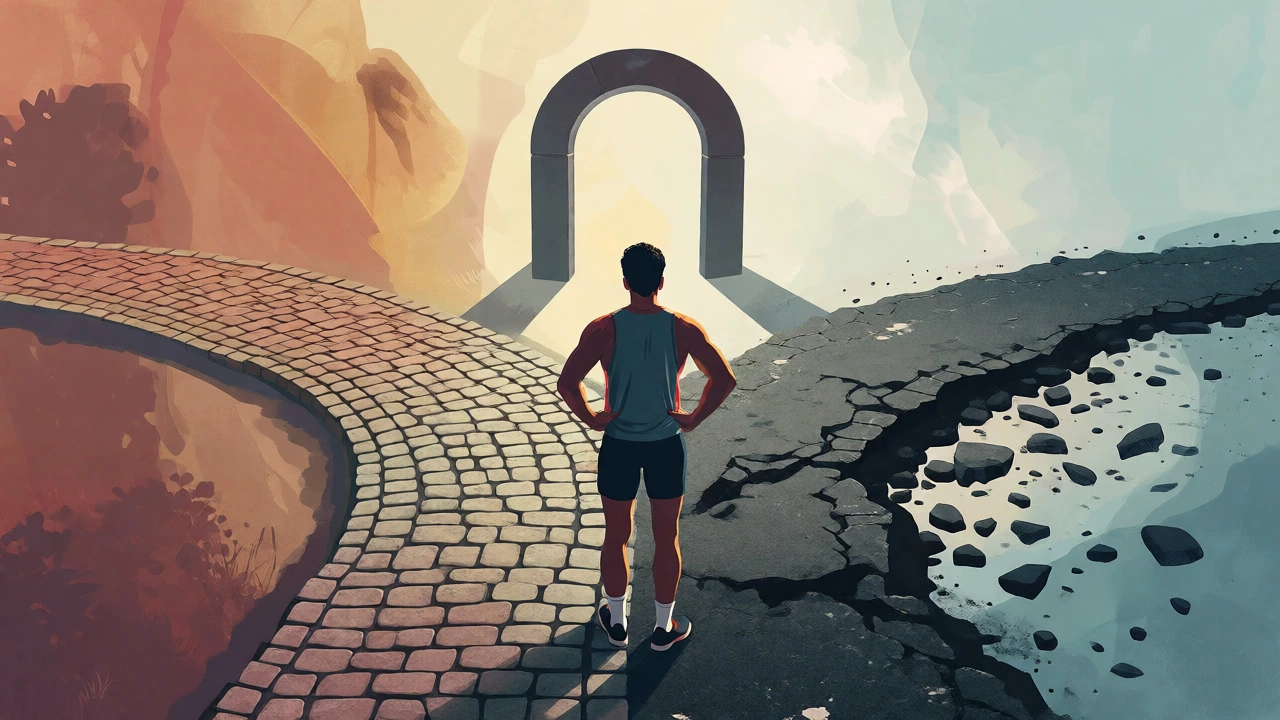 Artistic depiction of choosing a steady path over a broken one