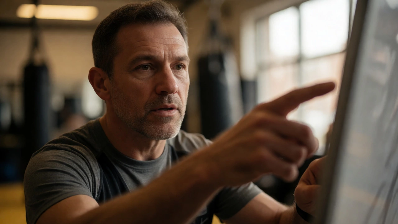 Coach analyzing MMA strategy in a gym setting