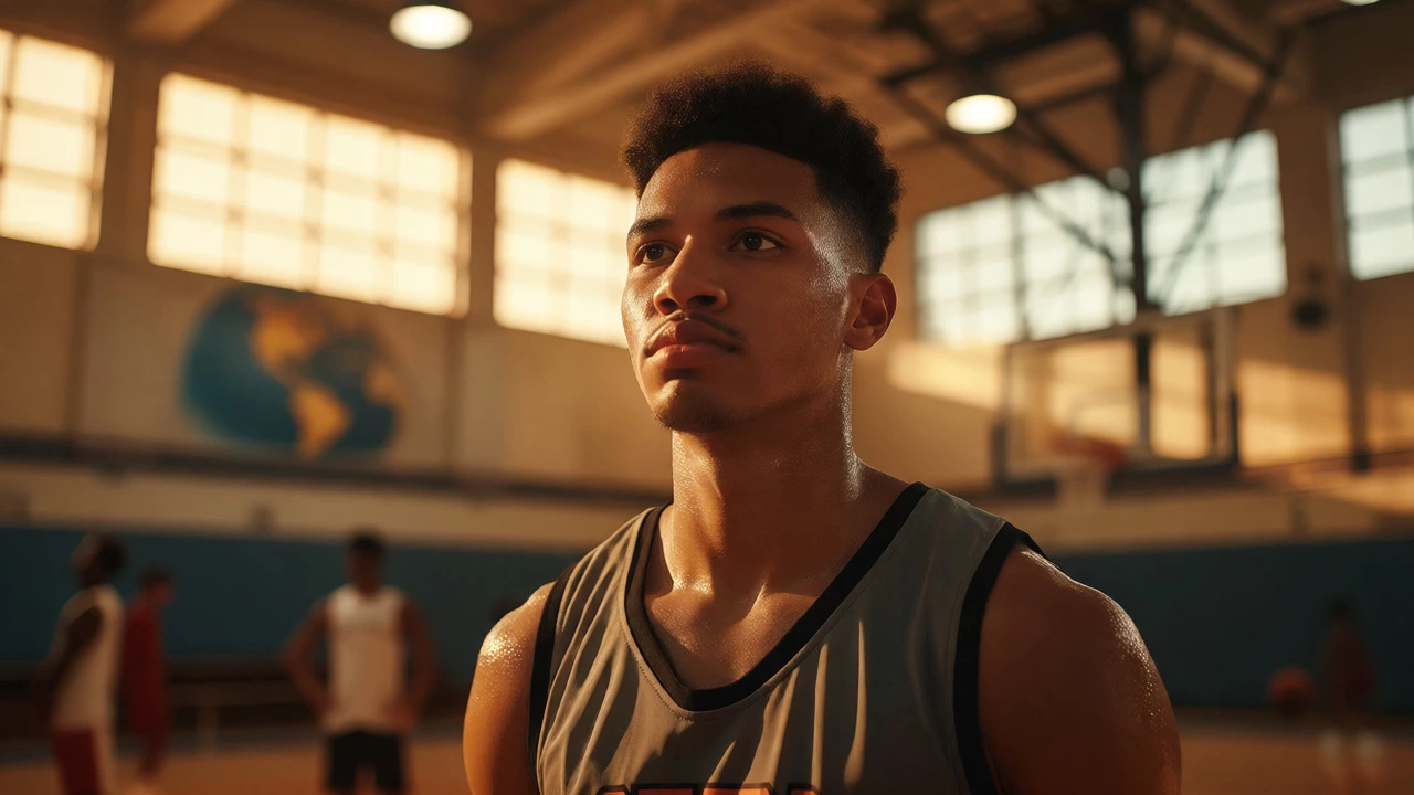 Determined young basketball player on a practice court with warm, natural lighting.