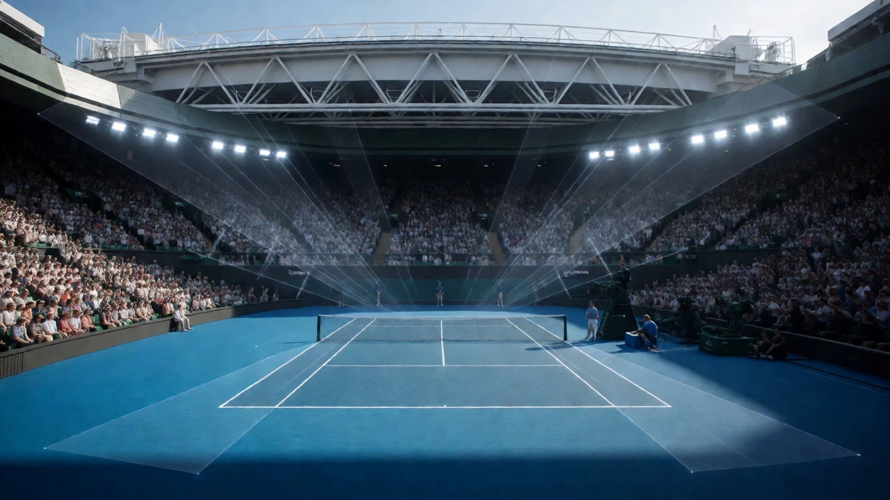 Empty tennis court under stadium lights with signal overlays