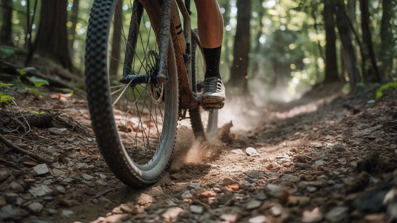 Gravel bike tire navigating a dusty, rocky forest trail surrounded by dense woodland.