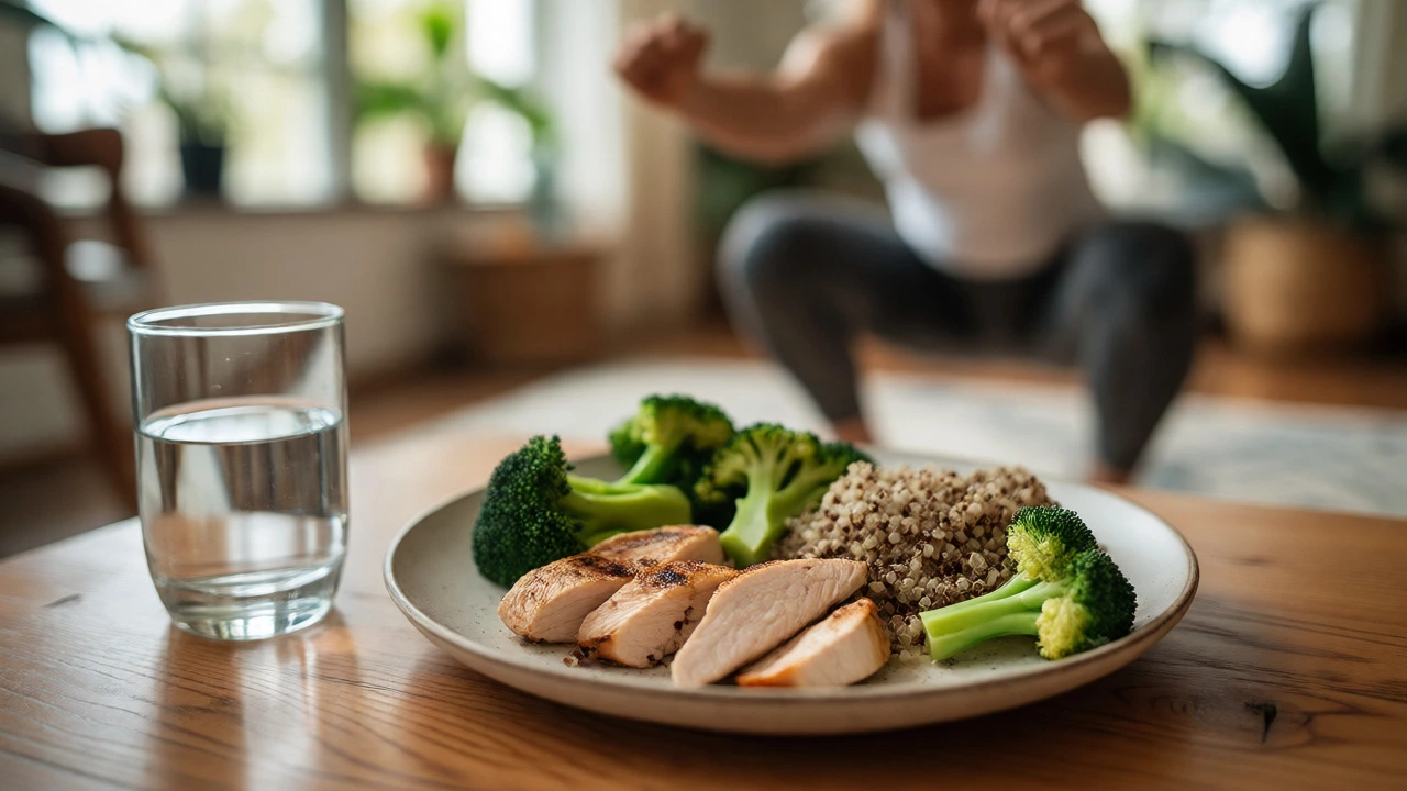 Healthy meal with protein and vegetables beside someone exercising at home.