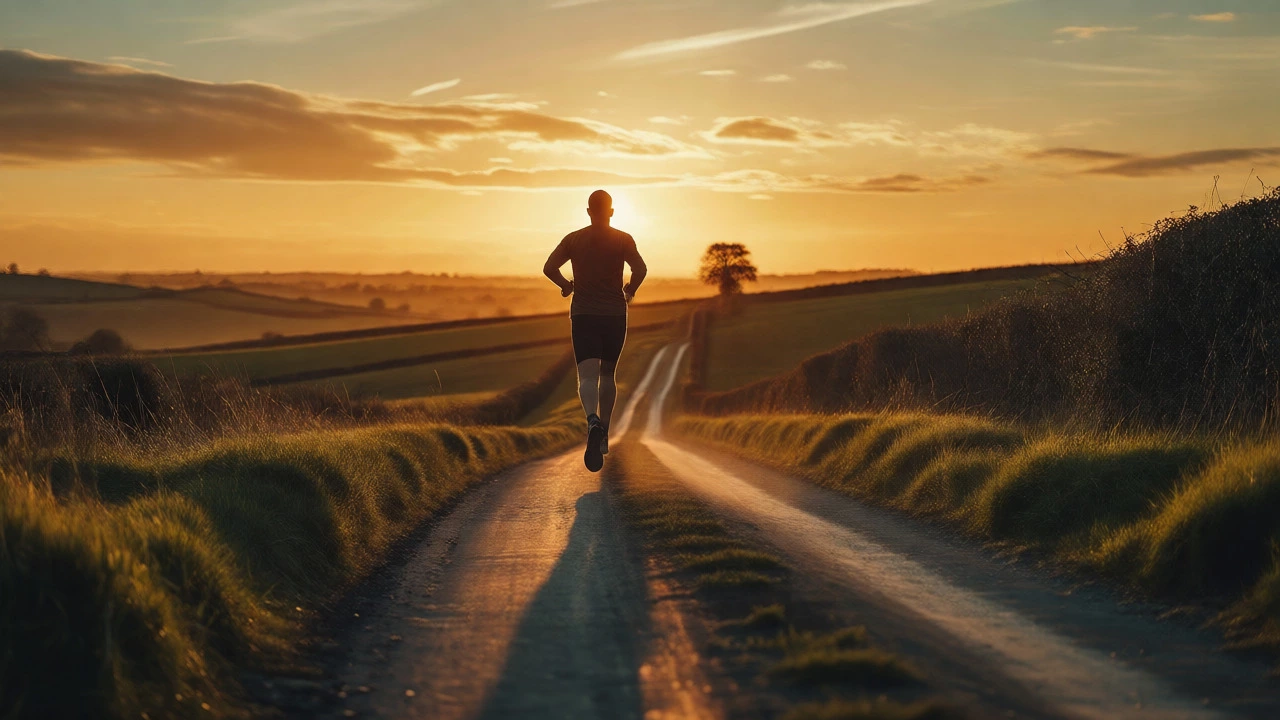 Lone runner silhouetted against a sunset on a country road