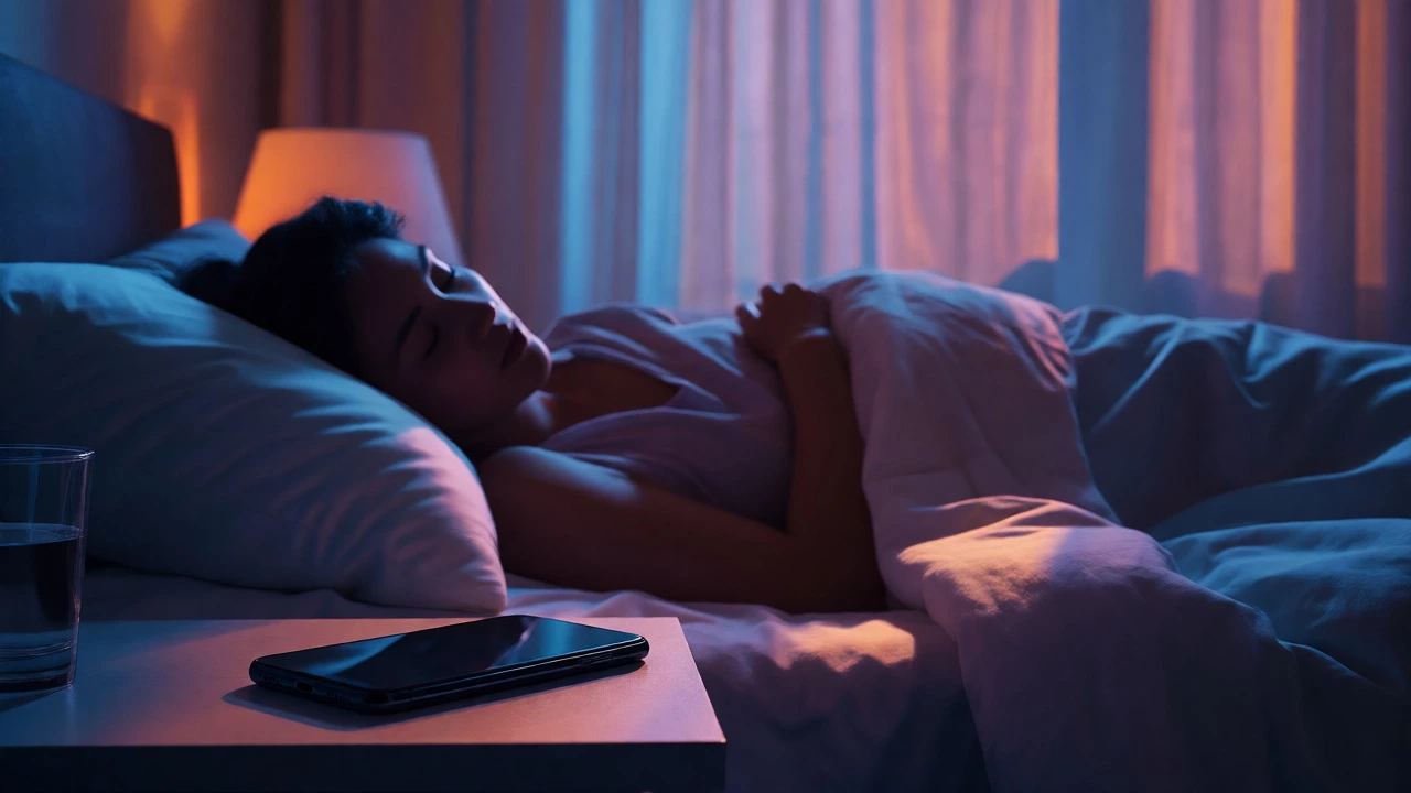 Person sleeping peacefully in a dark room with phone put away for rest.