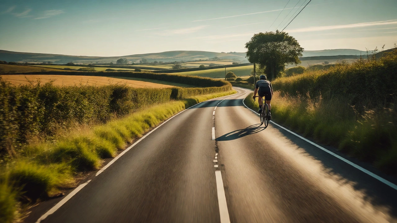 Road cyclist enjoying a scenic, empty country lane with wide shoulders and green hedgerows.