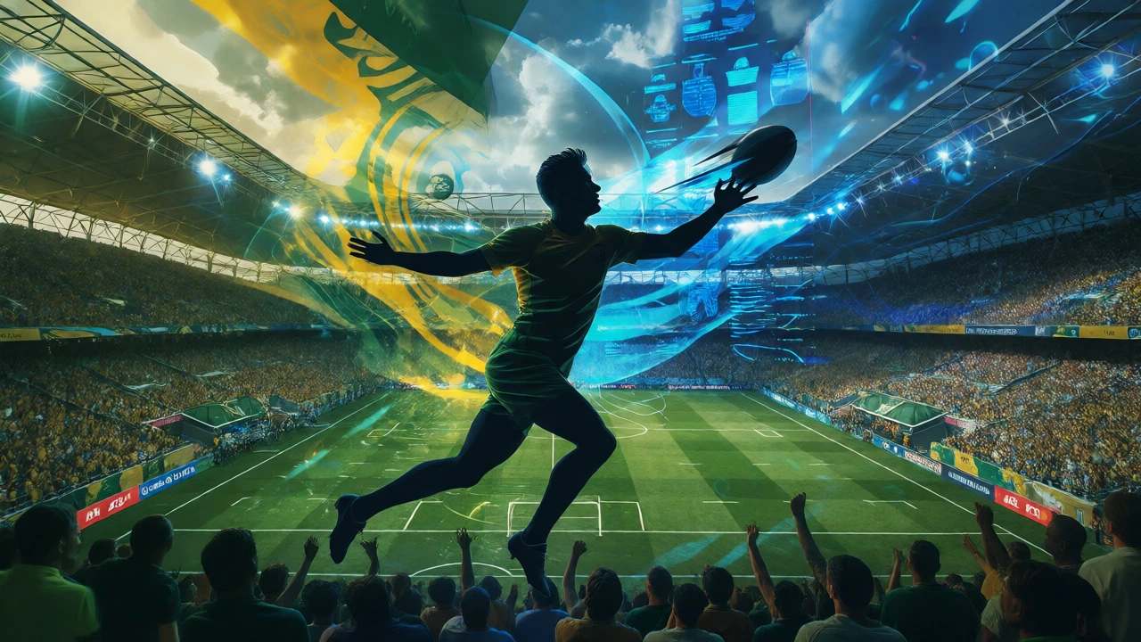 Silhouette of rugby player catching ball overlaid on football stadium and digital graphics