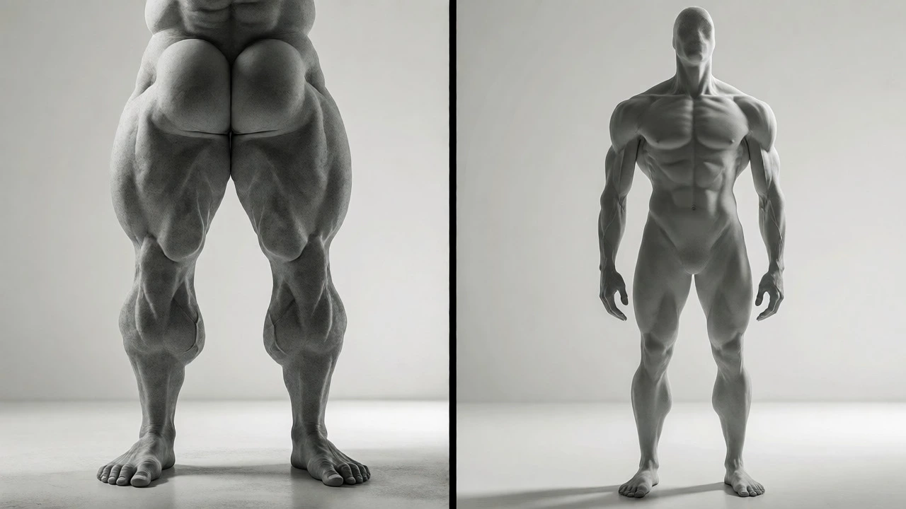 Split image showing developed legs vs weak upper body